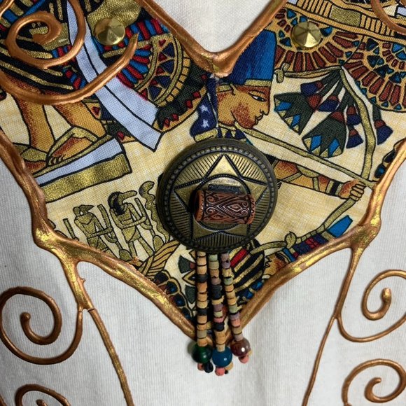 Vintage 90s Hand Painted T Shirt Dress M Cream Crochet Knit Fringe Pockets - Picture 3 of 10